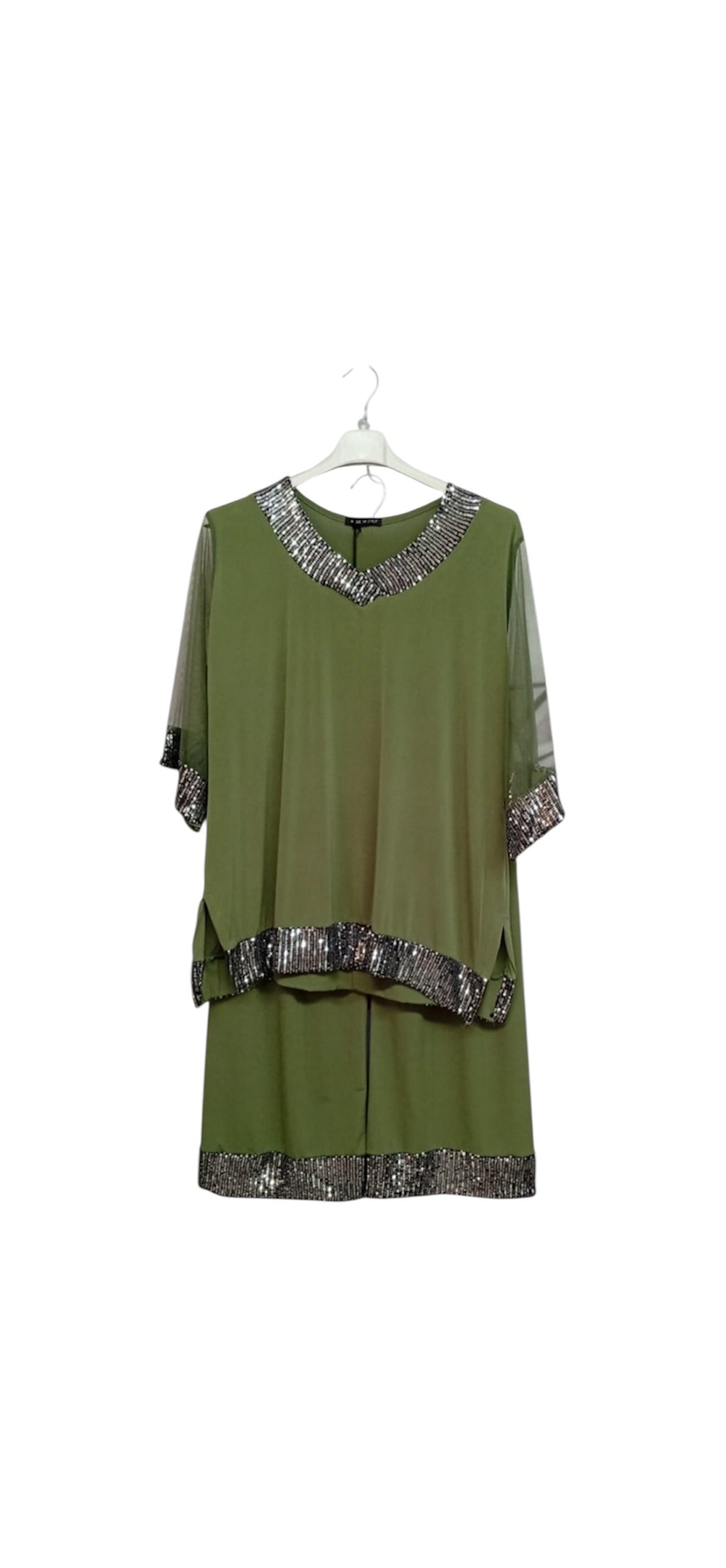 Complete with sparkling rhinestones on the neckline, sleeves and edges